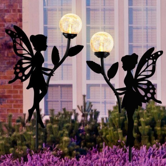 New 2 Pack of Metal Statues with Crackle Glass Globe Lights for Garden Decor
